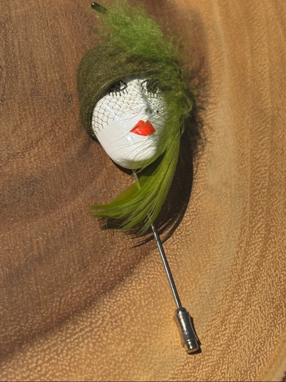 Vintage Doll Face Feather Stick Pin - Olive Green